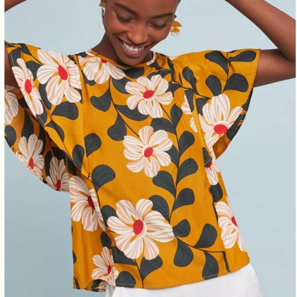 Eva Franco Mustard Floral Ruffle Sleeve Tank Top
